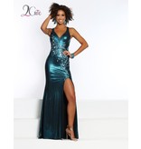 Shimmer stretch jersey fitted gown with tank straps, v-neck and a beaded front