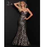Glitter lace strapless mermaid gown with a sweetheart neckline and beaded belt