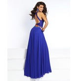 High neck beaded lace bodice key hole open back with a chiffon flowy a-line skirt