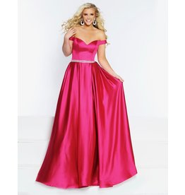Silky satin off the shoulder ballgown with a corset back, beaded belt and pockets