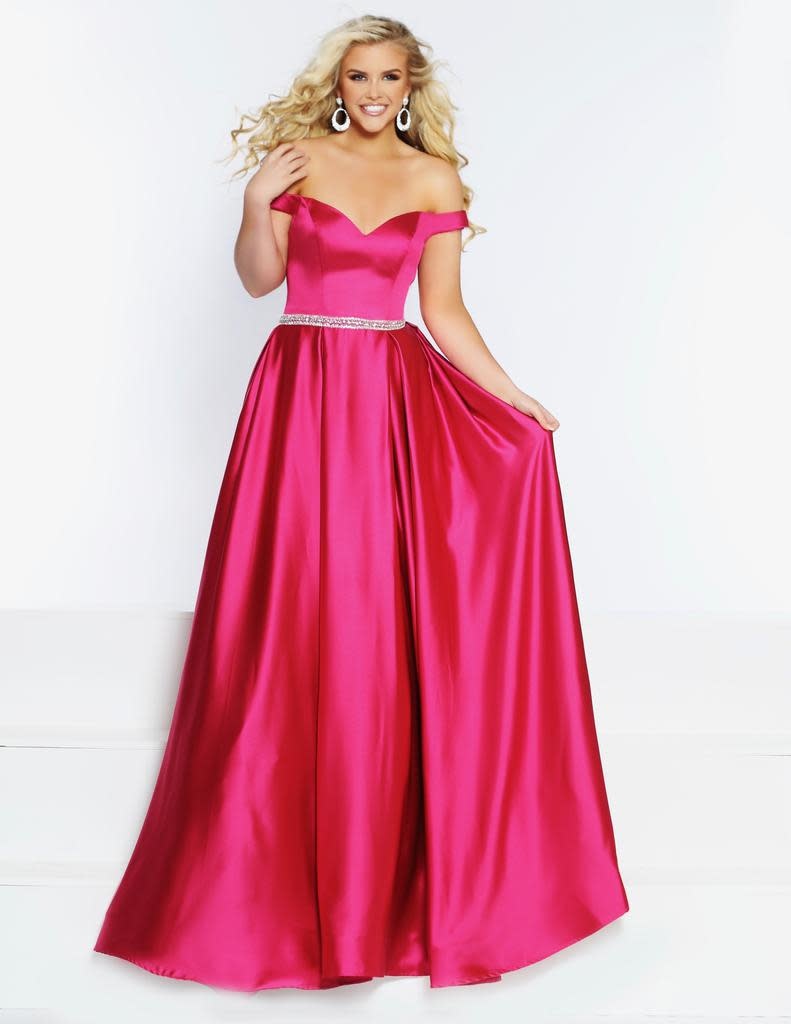 Silky Satin Off The Shoulder Ballgown With A Corset Back Beaded Belt And Pockets My Formals 