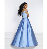Silky satin off the shoulder ballgown with a corset back, beaded belt and pockets