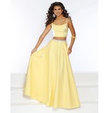 2-Piece shimmer satin spaghetti strap a-line gown with a rhinestone belt and pockets