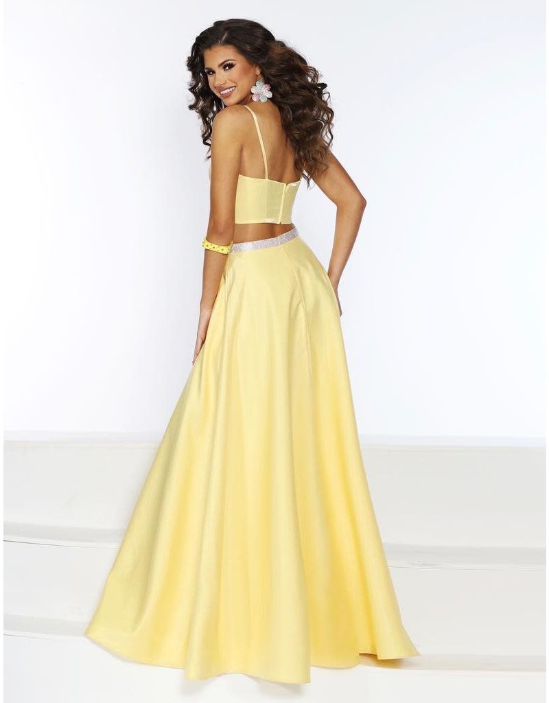 2-Piece shimmer satin spaghetti strap a-line gown with a rhinestone belt and pockets