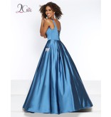 Satin, tank v-neck ballgown with a corset back and rhinestone beaded front pockets