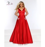 Satin, tank v-neck ballgown with a corset back and rhinestone beaded front pockets