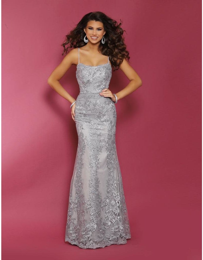 Fitted all lace spaghetti strap dress with a corset back