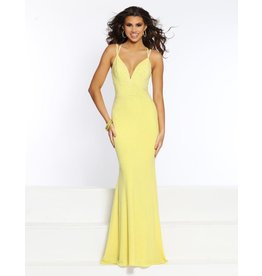 Stretch beaded jersey fitted gown with a low, open strappy back and v-neck