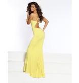 Stretch beaded jersey fitted gown with a low, open strappy back and v-neck