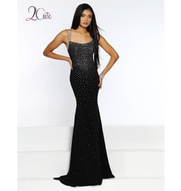 Stretch jersey beaded fitted gown with spaghetti straps and a low back