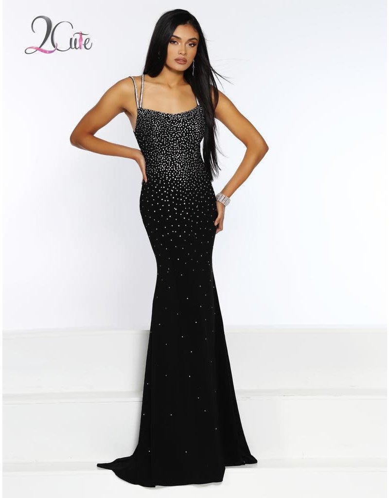 Stretch jersey beaded fitted gown with spaghetti straps and a low back