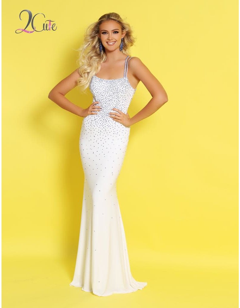 Stretch jersey beaded fitted gown with spaghetti straps and a low back