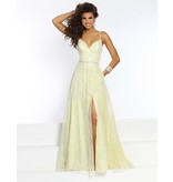 Sequin spaghetti strap v-neck a-line gown with a corset back and a slit