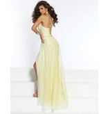 Sequin spaghetti strap v-neck a-line gown with a corset back and a slit