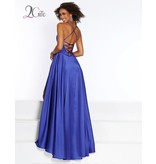 Charmuese wrap skirt with a spaghetti strap sweetheart neckline and corset back