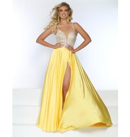 Beaded spaghetti strap bodice with a charmuese wrap a-line skirt and pockets