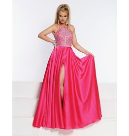Beaded high neck bodice corset back with a charmuse a-line wrap skirt