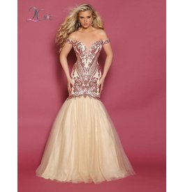 Off the shoulder fully sequined bodice mermaid gown with a tulle skirt