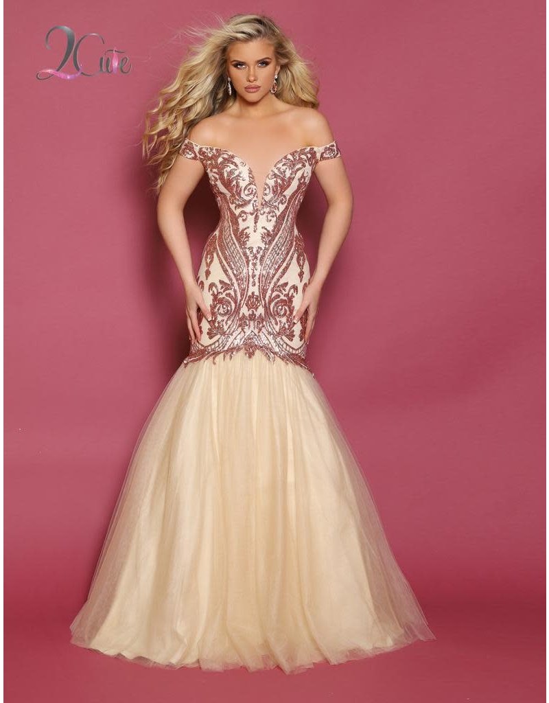 Off the shoulder fully sequined bodice mermaid gown with a tulle skirt