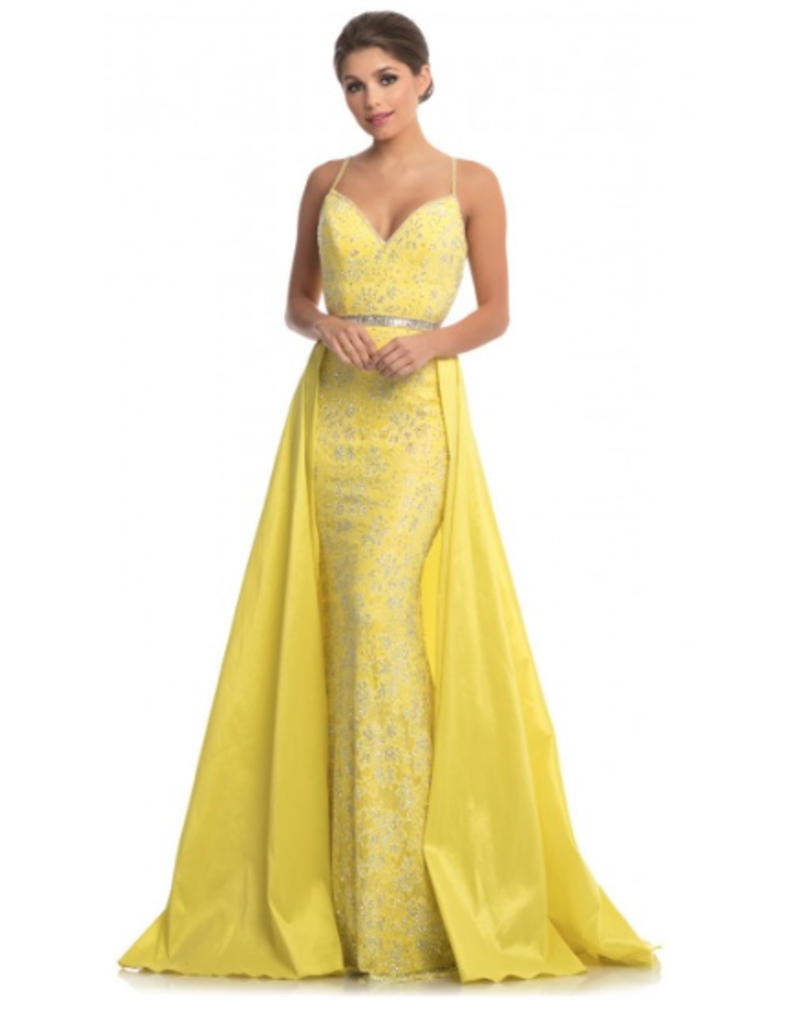 7242 Beaded Lace, Spaghetti strap Sheath gown with taffeta skirt