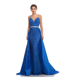 7242 Beaded Lace, Spaghetti strap Sheath gown with taffeta skirt