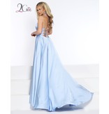 High neck, a-line gown with high slit and lace up back