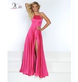 High neck, a-line gown with high slit and lace up back