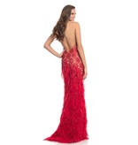 Lace high neck fitted gown with feathers and a leg slit