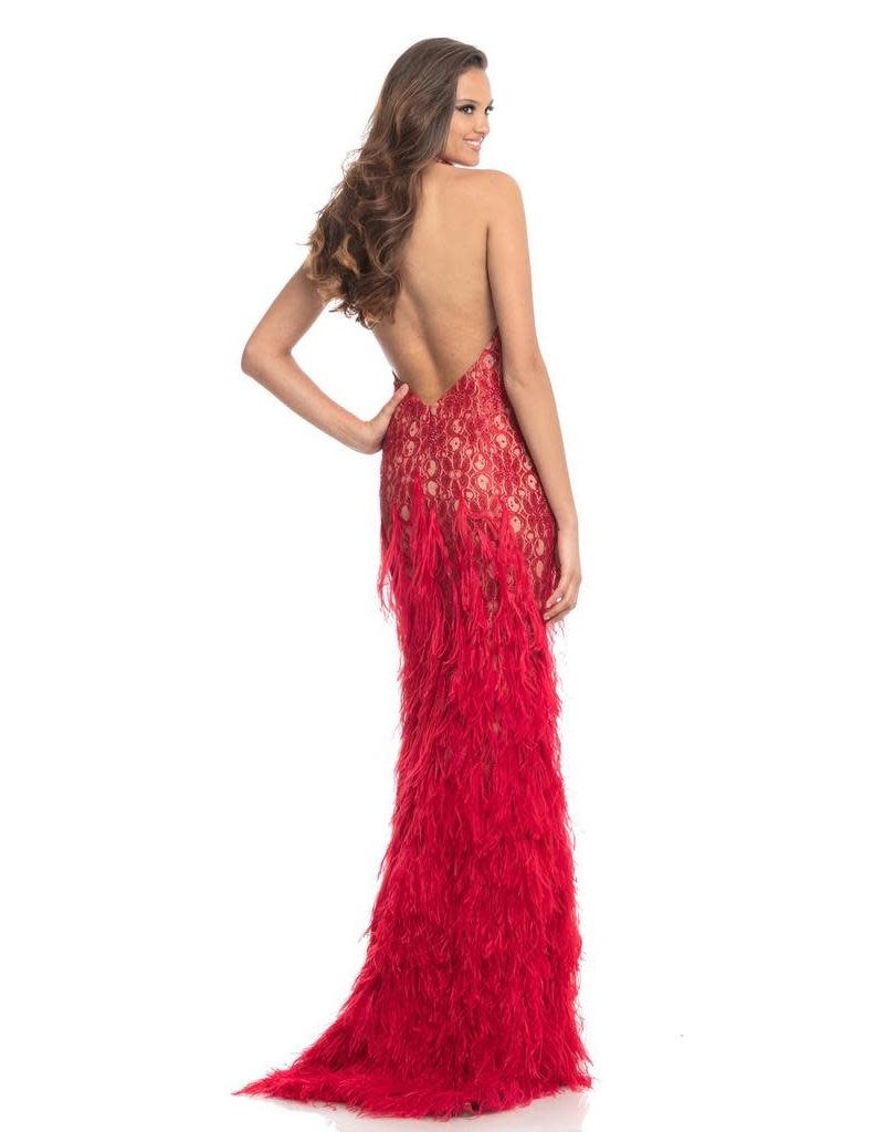 Lace high neck fitted gown with feathers and a leg slit
