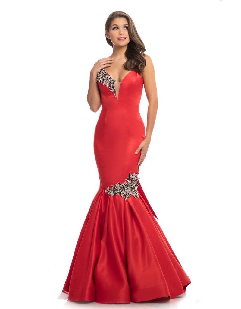 Satin, sweatheart neck fitted mermaid gown with bead flower appliques