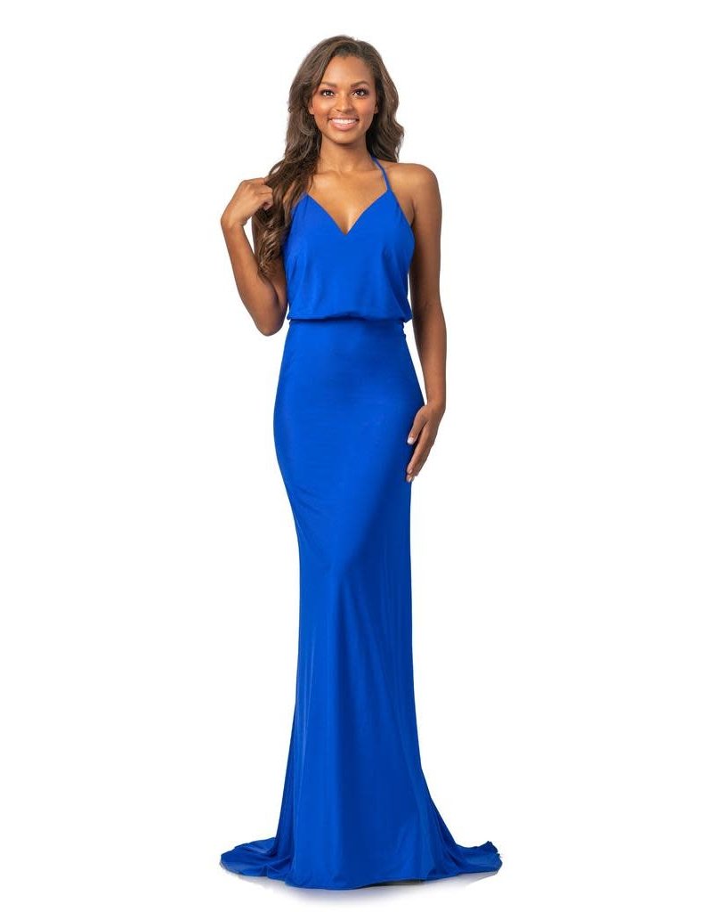 Stretch jersey halter fitted gown with a low back and train