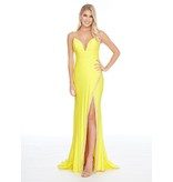 Jersey fitted gown with a deep v-neck and rhinestone front leg slit