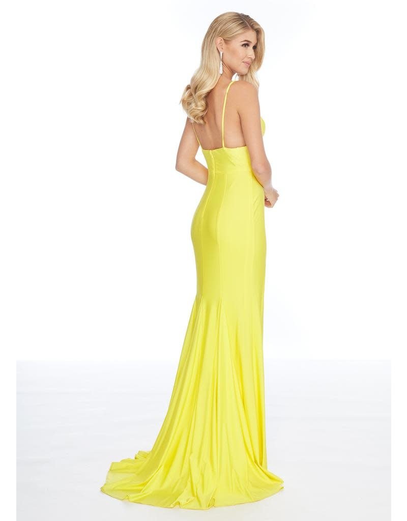 Jersey fitted gown with a deep v-neck and rhinestone front leg slit