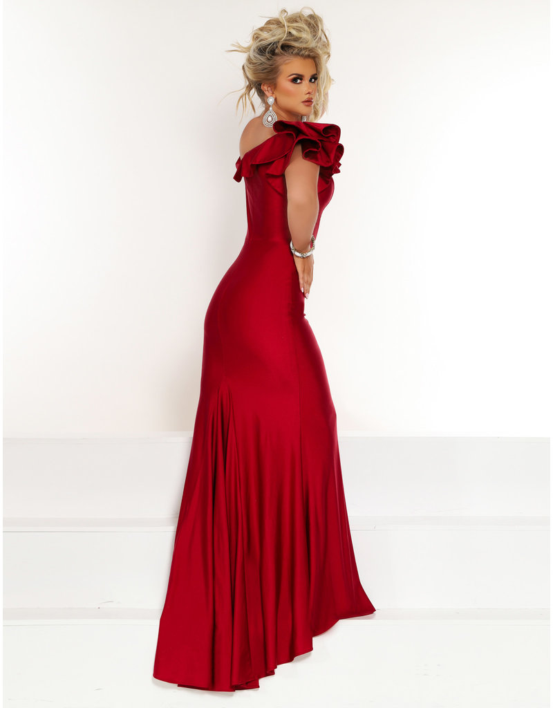 Ruffle One Shoulder fitted gown w/leg slit 20331