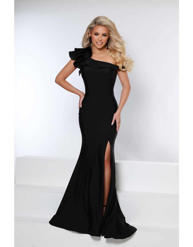 Ruffle One Shoulder fitted gown w/leg slit 20331