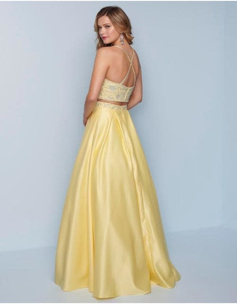 K352 2-piece beaded halter bodice with a satin ballgown skirt and pockets