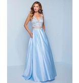 K352 2-piece beaded halter bodice with a satin ballgown skirt and pockets