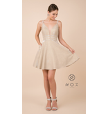Spaghetti strap shimmer short gown with a beaded waist M684