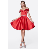 Off the shoulder satin short gown with a beaded waist