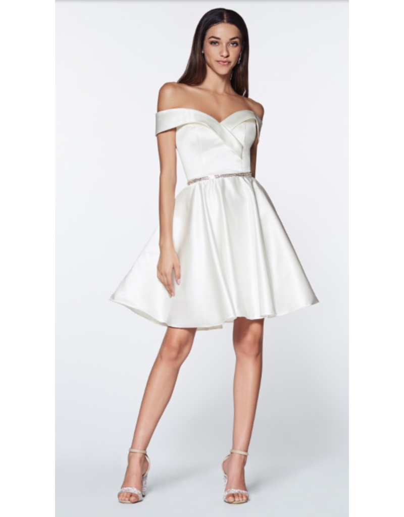 Off the shoulder satin short gown with a beaded waist