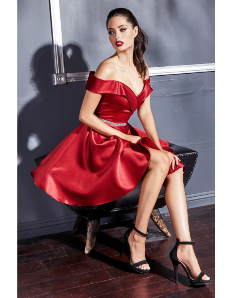 Off the shoulder satin short gown with a beaded waist