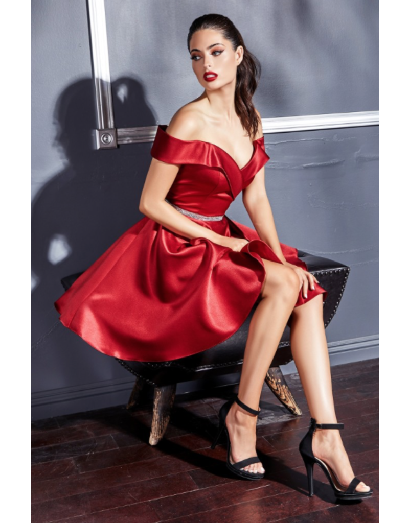 Off the shoulder satin short gown with a beaded waist