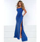 One Shoulder Fitted Beaded Gown w/ Leg Slit 20124