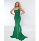 One Shoulder Fitted Beaded Gown w/ Leg Slit 20124