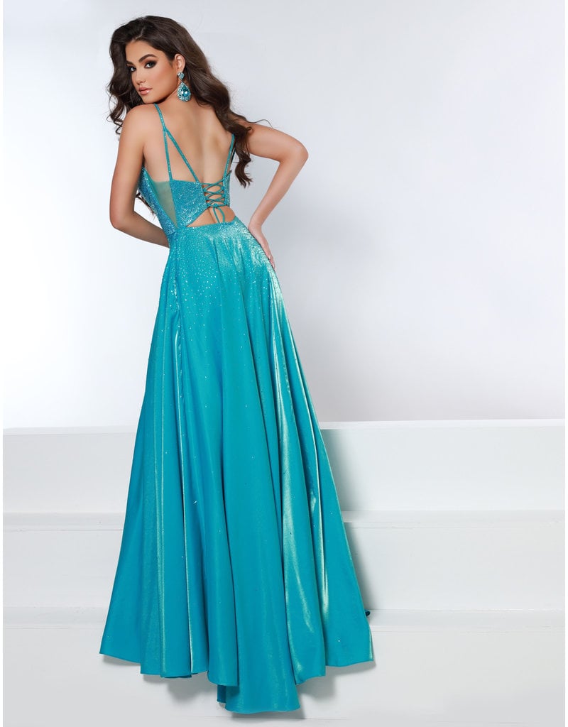 Beaded spaghetti strap bodice with a-line wrap skirt 20134