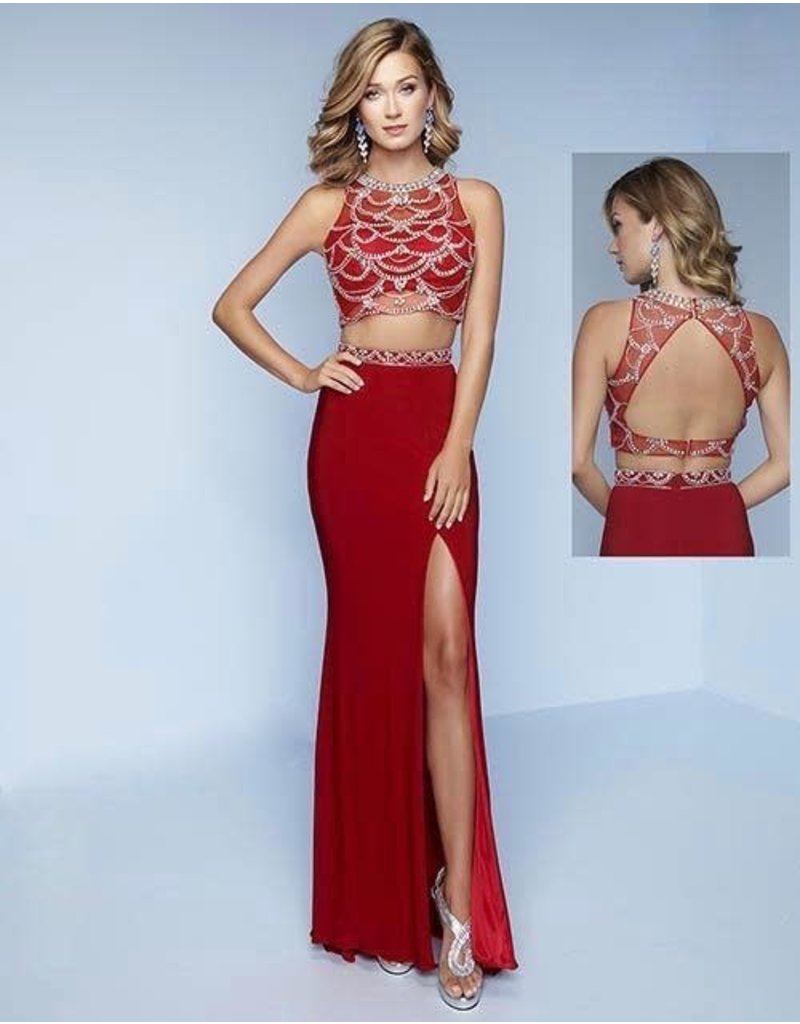 K189 JERSEY, 2-PIECE GOWN WITH A FULLY HEADED HIGH NECK AND OPEN BACK TOP AND SLITTED SKIRT