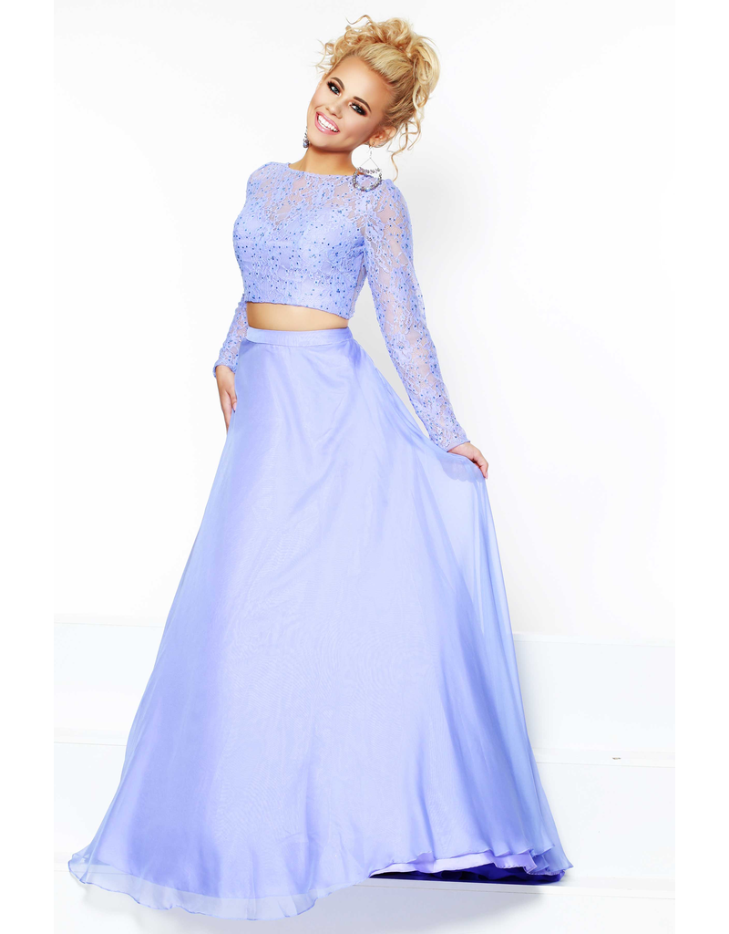 Chiffon, long sleeve lace top 2-piece gown with flowing skirt and pockets
