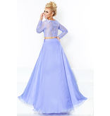 Chiffon, long sleeve lace top 2-piece gown with flowing skirt and pockets
