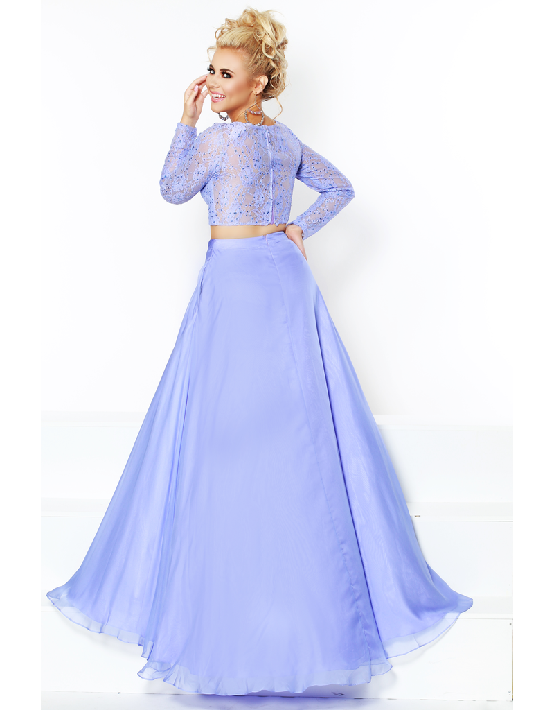 Chiffon, long sleeve lace top 2-piece gown with flowing skirt and pockets