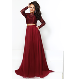 Chiffon, long sleeve lace top 2-piece gown with flowing skirt and pockets